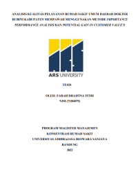 ANALISIS KUALITAS PELAYANAN RUMAH SAKIT UMUM DAERAH DOKTER RUBINI KABUPATEN MEMPAWAH MENGGUNAKAN METODE IMPORTANCE PERFORMANCE ANALYSIS DAN POTENTIAL GAIN IN CUSTOMER VALUE’S