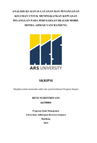 ANALISIS KUALITAS LAYANAN DAN PENANGANAN KELUHAN UNTUK MENINGKATKAN KEPUASAN PELANGGAN PADA PERUSAHAAN DEALER MOBIL HONDA AHMAD YANI BANDUNG